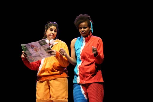 Homa Faghiri and Theresa Henning, from left, during the photo rehearsal for Wolf at the Theater an der Parkaue in Berlin, 20 February 2026 By Sasa Stanisic Directed and choreographed by Raphael Moussa Hillebrand Stage and costumes by Jürgen Kirner Premiere is on 24 February 2026 Theater an der Parkaue Berlin Wolf