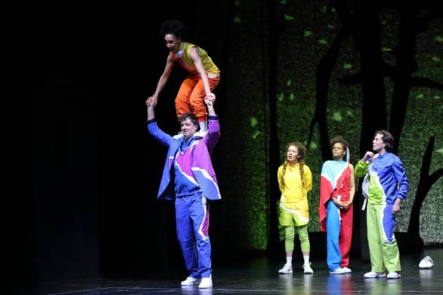 Jessica Cuna, Andrej von Sallwitz, Caroline Erdmann, Theresa Henning and Jan Tsien Beller, from left, during the photo rehearsal for Wolf at the Theater an der Parkaue in Berlin, 20 February 2026 By Sasa Stanisic Directed and choreographed by Raphael Moussa Hillebrand Stage and costumes by Jürgen Kirner Premiere is on 24 February 2026 Theater an der Parkaue Berlin Wolf