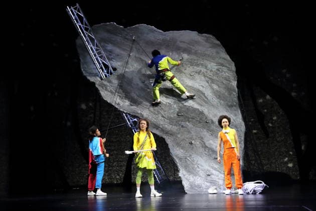 Theresa Henning, Caroline Erdmann, Jan Tsien Beller and Jessica Cuna, from left, during the photo rehearsal for Wolf at the Theater an der Parkaue in Berlin, 20 February 2026 By Sasa Stanisic Directed and choreographed by Raphael Moussa Hillebrand Stage and costumes by Jürgen Kirner Premiere is on 24 February 2026 Theater an der Parkaue Berlin Wolf