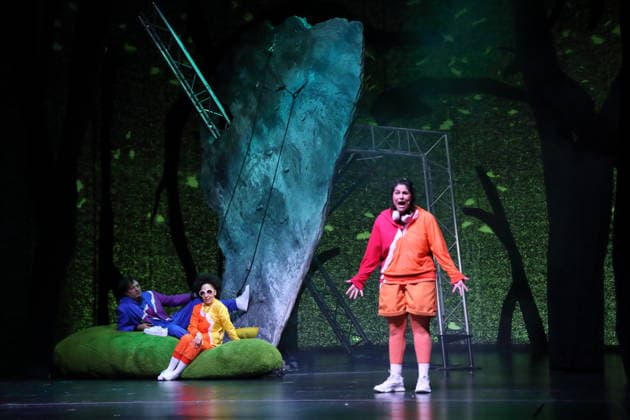Andrej von Sallwitz, Jessica Cuna and Homa Faghiri, from left, during the photo rehearsal for Wolf at the Theater an der Parkaue in Berlin, 20 February 2026 By Sasa Stanisic Directed and choreographed by Raphael Moussa Hillebrand Stage and costumes by Jürgen Kirner Premiere is on 24 February 2026 Theater an der Parkaue Berlin Wolf