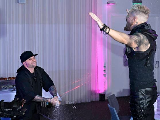 MALMÖ, SWEDEN 20260221 Smash Into Pieces singer Chris Adam sprays champagne on guitarist Benjamin Jennebo at the after party after round 4 of Melodifestivalen 2026 in Malmö Arena on Saturday MALMÖ SWEDEN x50090x  Copyright: xJohanxNilsson TTx MELODIFESTIVALEN 2026 MALMÖ pMHgshGtdGk