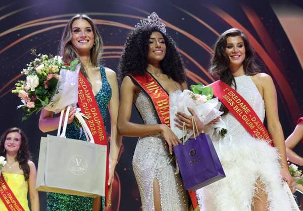 first runner up Justine Tack, Miss Belgium 2026 Olga Lombardo and second runner up Aicha Verheye pictured at the Miss Belgium 2026 beauty contest, at the Plopsa Theatre, in Plopsaland amusement park, Saturday 21 February 2026 in Adinkerke, De Panne.  KURTxDESPLENTER 164480942