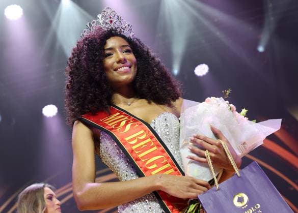 Miss Belgium 2026 Olga Lombardo pictured at the Miss Belgium 2026 beauty contest, at the Plopsa Theatre, in Plopsaland amusement park, Saturday 21 February 2026 in Adinkerke, De Panne.  KURTxDESPLENTER 164481593