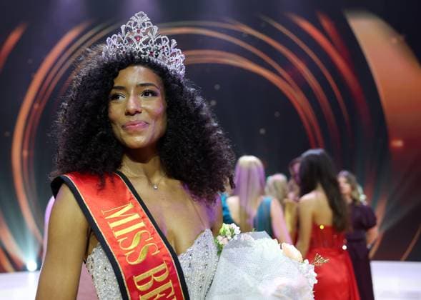 Miss Belgium 2026 Olga Lombardo pictured at the Miss Belgium 2026 beauty contest, at the Plopsa Theatre, in Plopsaland amusement park, Saturday 21 February 2026 in Adinkerke, De Panne.  KURTxDESPLENTER 164481636