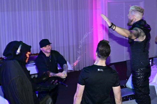 MALMÖ, SWEDEN 20260221 Smash Into Pieces singer Chris Adam sprays champagne on guitarist Benjamin Jennebo at the after party after round 4 of Melodifestivalen 2026 in Malmö Arena on Saturday MALMÖ SWEDEN x50090x  Copyright: xJohanxNilsson TTx MELODIFESTIVALEN 2026 MALMÖ gaoMdSNZVjY