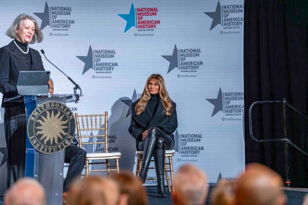 First Lady Melania Trump’s 2025 Inaugural Gown to be Showcased in First Ladies Gallery at the Smithsonian Anthea M Hartig, the Elizabeth MacMillan Director, National Museum of American History, left, makes remarks as first lady Melania Trump’s 2025 inaugural gown is presented to the Smithsonian National Museum of American History in the Flag Hall of the museum in Washington, DC, USA, on Friday, February 20, 2026. Looking on at right is first lady Melania Trump. Photo by Andrew Thomas CNP ABACAPRESS.COM Washington District of Columbia United States  Copyright: xCNP ABACAx