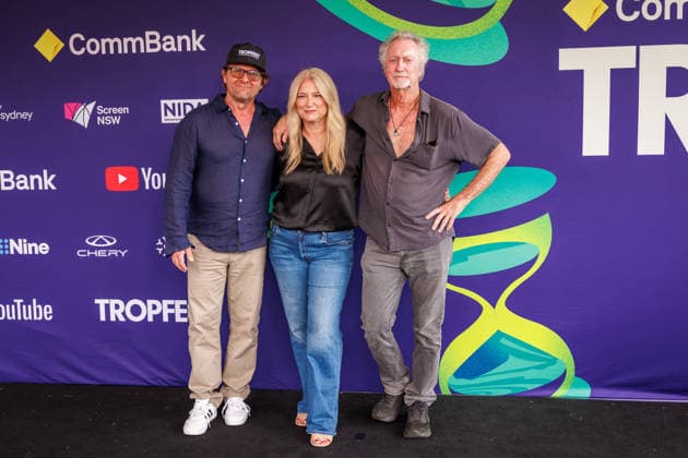 TROPFEST, John Polson (Founder Creative director), Bruna Papandrea, (juror producer), Bryan Brown (Board Member Actor) walks the the black carpet for Tropfest at Centennial Park in Sydney, Sunday, February 22, 2026. ( NO ARCHIVING SYDNEY NEW SOUTH WALES AUSTRALIA  Copyright: xNADIRxKINANIx 20260222151617844250