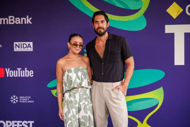 TROPFEST, Tai Hara (right) walks the the black carpet for Tropfest at Centennial Park in Sydney, Sunday, February 22, 2026. ( NO ARCHIVING SYDNEY NEW SOUTH WALES AUSTRALIA  Copyright: xNADIRxKINANIx 20260222142192634171