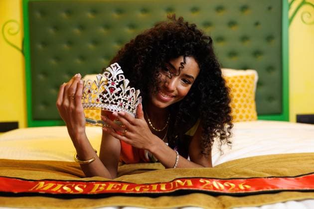 Newly elected Miss Belgium 2026 Olga Lombardo poses for the photographer, during the traditional first shoot of the new miss, at the Plopsa Hotel, at Plopsaland, in Adinkerke, De Panne, Sunday 22 February 2026. Yesterday 22-year old Olga won the yearly Miss Belgium beauty contest.  KURTxDESPLENTER 164505107