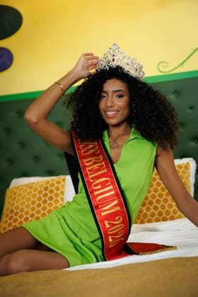 Newly elected Miss Belgium 2026 Olga Lombardo poses for the photographer, during the traditional first shoot of the new miss, at the Plopsa Hotel, at Plopsaland, in Adinkerke, De Panne, Sunday 22 February 2026. Yesterday 22-year old Olga won the yearly Miss Belgium beauty contest.  KURTxDESPLENTER 164505397