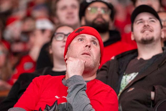 February 22, 2026, Toronto, On, CANADA: Fans at a watch party at Scotiabank Arena react as they watch the Olympic men s hockey final between Canada and the United States, in Toronto, on Sunday, Feb. 22, 2026. Toronto CANADA  - ZUMAc35_ 20260222_zaf_c35_054 Copyright: xEduardoxLimax