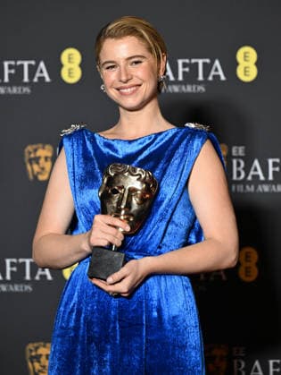 Irish actress Jesse Buckley attends the Winners Room at the EE BAFTA Film Awards at the Royal Festival Hall in London, England on Sunday, February 22, 2026.  LON202602221101 RUNExHELLESTAD