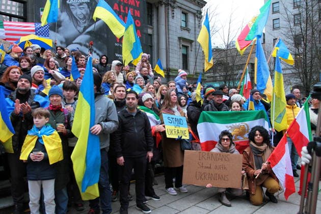 February 22, 2026, Vancouver, Bc, Canada: People in Global Rally For Ukraine.Global Rally For Ukraine marking four years since Russia s full-scale invasion,taking place on February 22 at 2:00 PM at the vancouver Art Gallery. Vancouver Canada - ZUMAa223 20260222_zip_a223_007 Copyright: xMazyarxAsadix