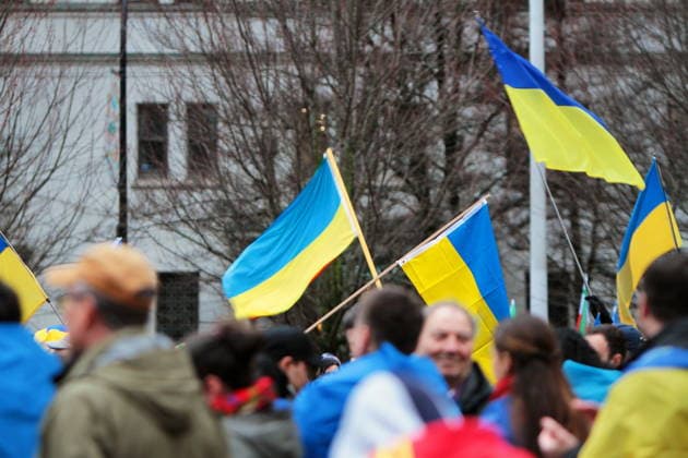 February 22, 2026, Vancouver, Bc, Canada: Ukrine flags in Global Rally For Ukraine.Global Rally For Ukraine marking four years since Russia s full-scale invasion,taking place on February 22 at 2:00 PM at the vancouver Art Gallery. Vancouver Canada - ZUMAa223 20260222_zip_a223_011 Copyright: xMazyarxAsadix