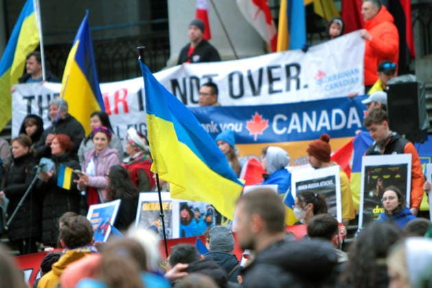 February 22, 2026, Vancouver, Bc, Canada: Ukrine flag in Global Rally For Ukraine.Global Rally For Ukraine marking four years since Russia s full-scale invasion,taking place on February 22 at 2:00 PM at the vancouver Art Gallery. Vancouver Canada - ZUMAa223 20260222_zip_a223_032 Copyright: xMazyarxAsadix