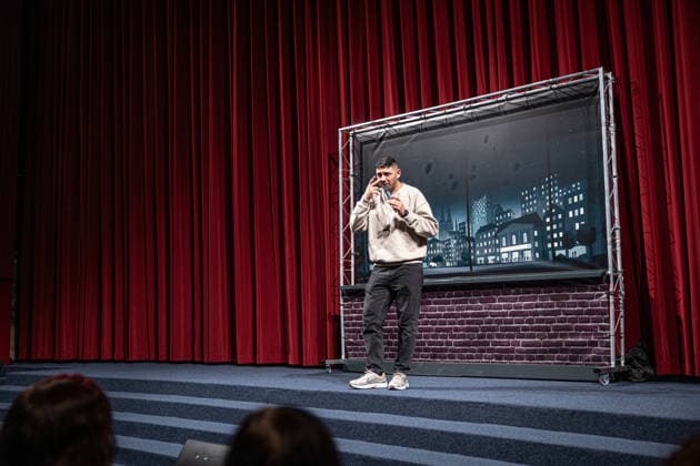 Launch of the new comedy news format Fun Facts News on the Net Abdul Kader Chahin on stage World premiere FunFacts at the Delphi Filmpala Copyright: xEventpressxFuhrx