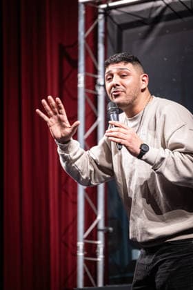 Launch of the new comedy news format Fun Facts News on the Net Abdul Kader Chahin on stage World premiere FunFacts at the Delphi Filmpala Copyright: xEventpressxFuhrx