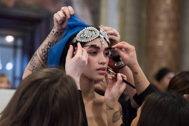 Aadnevik AW26 Show at London Fashion Week LONDON, UNITED KINGDOM - FEBRUARY 23: A model has her make-up applied backstage ahead of Aadnevik Autumn Winter 2026 show at The Royal Horseguards Hotel as part of London Fashion Week in London, United Kingdom on February 23, 2026. Wiktor Szymanowicz Anadolu London United Kingdom. Editorial use only. Please get in touch for any other usage.  Copyright: x2026xAnadoluxWiktorxSzymanowiczx
