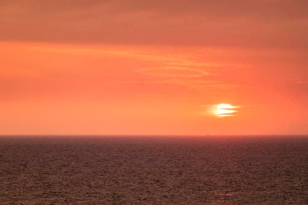 Vibrant sunset over the North Sea at Hirtshals Denmark with distant ship, Hirtshals North Denmark Region Denmark SMAF03264