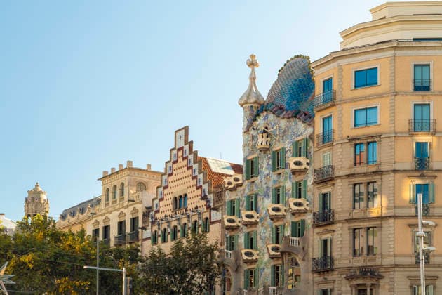 Casa Batllo facade and buildings in Barcelona Spain on a sunny day, TAMF05003