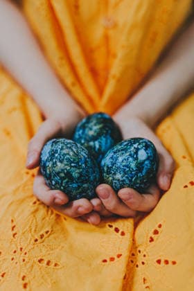 Hands holding blue Easter eggs dyed with hibiscus on yellow dress model released, Symbolfoto, YTF04479