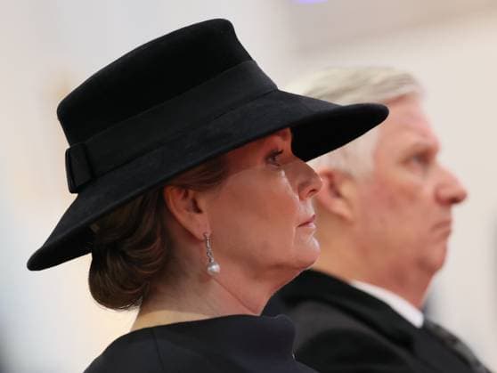 Queen Mathilde of Belgium and King Philippe - Filip of Belgium pictured during the annual ceremony in memory of deceased members of the Royal Family, in Onze-Lieve-Vrouwekerk Eglise Notre-Dame de Laeken, in Brussels, Tuesday 24 February 2026.  BENOITxDOPPAGNE 164742799