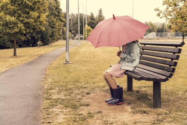 Mädchen mit Sonnenschirm sitzt auf Bank im Park Girl with umbrella sitting on bench in park Copyright: imageBROKER GRAZVYDASxJANUSKA ibxiqx16629548.jpg ,model released, Symbolfoto ,property released