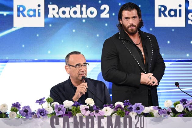 February 24, 2026, Sanremo, Rome, Italy: 76th Italian Song Festival. Press Conference. Pictured are Carlo Conti and Can Yaman. Sanremo. Italy 24 Feb 2026 Sanremo Italy  - ZUMAa289 20260224_zia_a289_020 Copyright: xMariaxLauraxAntonellix