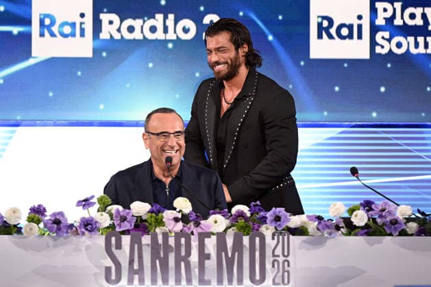 February 24, 2026, Sanremo, Rome, Italy: 76th Italian Song Festival. Press Conference. Pictured are Carlo Conti and Can Yaman. Sanremo. Italy 24 Feb 2026 Sanremo Italy  - ZUMAa289 20260224_zia_a289_024 Copyright: xMariaxLauraxAntonellix