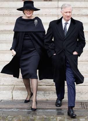Queen Mathilde of Belgium and King Philippe - Filip of Belgium pictured after the annual ceremony in memory of deceased members of the Royal Family, in Onze-Lieve-Vrouwekerk Eglise Notre-Dame de Laeken, in Brussels, Tuesday 24 February 2026.  BENOITxDOPPAGNE 164760307