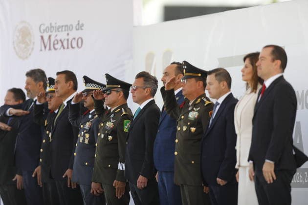 Commemoration ceremony for Mexican Flag Day in Zapopan ZAPOPAN, MEXICO - FEBRUARY 24: The governor of Jalisco, Pablo Lemus Navarro (C) participates during the commemoration ceremony for Mexican Flag Day, in the 15 Military Zone, in Zapopan, Jalisco, Mexico, on February 24, 2026. Stringer Anadolu Zapopan Mexico. Editorial use only. Please get in touch for any other usage.  Copyright: x2026xAnadoluxStringerx