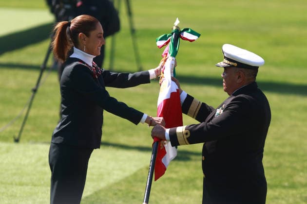 Flag Day Ceremony in Mexico MEXICO CITY, MEXICO - FEBRUARY 24: Mexican President Claudia Sheinbaum (L) attends the Flag Day ceremony, at Marte Military Camp, in Mexico City, Mexico on February 24, 2026. Mexican President Claudia Sheinbaum led the ceremony before hundreds of members of the Mexican Army, National Guard and Navy. Daniel Cardenas Anadolu Mexico City Mexico. Editorial use only. Please get in touch for any other usage.  Copyright: x2026xAnadoluxDanielxCardenasx