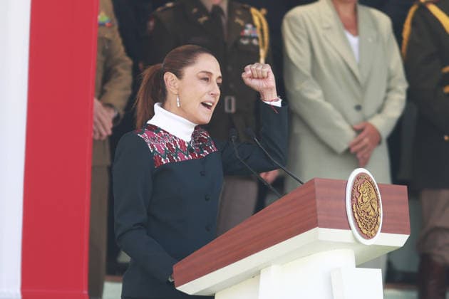 Flag Day Ceremony in Mexico MEXICO CITY, MEXICO - FEBRUARY 24: Mexican President Claudia Sheinbaum speaks during the Flag Day ceremony, at Marte Military Camp, in Mexico City, Mexico on February 24, 2026. Mexican President Claudia Sheinbaum led the ceremony before hundreds of members of the Mexican Army, National Guard and Navy. Daniel Cardenas Anadolu Mexico City Mexico. Editorial use only. Please get in touch for any other usage.  Copyright: x2026xAnadoluxDanielxCardenasx