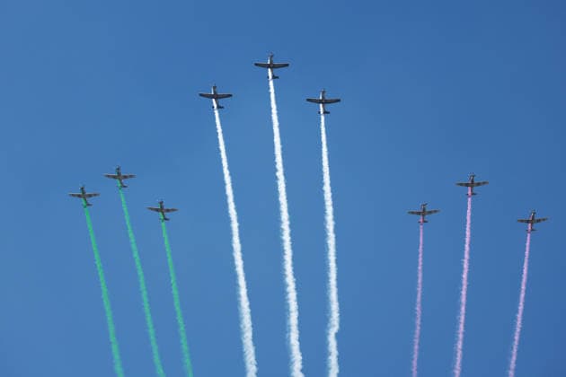 Flag Day Ceremony in Mexico MEXICO CITY, MEXICO - FEBRUARY 24: Mexican Army aircraft fly over the city during the Flag Day ceremony, at Marte Military Camp, in Mexico City, Mexico on February 24, 2026. Mexican President Claudia Sheinbaum led the ceremony before hundreds of members of the Mexican Army, National Guard and Navy. Daniel Cardenas Anadolu Mexico City Mexico. Editorial use only. Please get in touch for any other usage.  Copyright: x2026xAnadoluxDanielxCardenasx