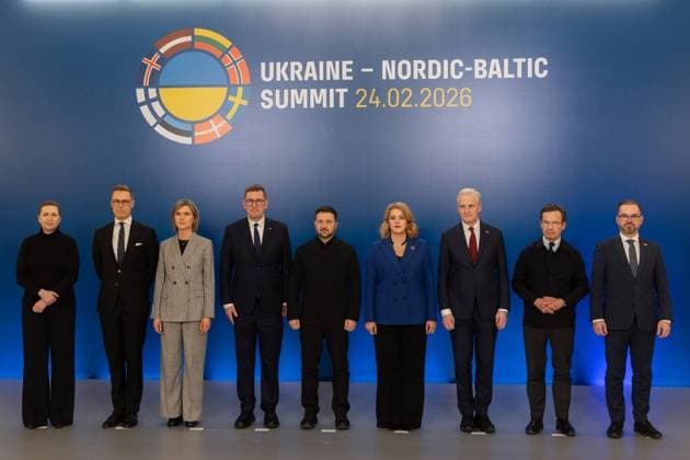 News Themen der Woche KW09 News Bilder des Tages #2 Ukraine – Nordic and Baltic Countries Summit in Kyiv KYIV, UKRAINE - FEBRUARY 24: (----EDITORIAL USE ONLY - MANDATORY CREDIT - UKRAINIAN PRESIDENCY HANDOUT - NO MARKETING NO ADVERTISING CAMPAIGNS - DISTRIBUTED AS A SERVICE TO CLIENTS----) President of Ukraine Volodymyr Zelenskyy, President of Finland Alexander Stubb, Prime Minister of Denmark Mette Frederiksen, Prime Minister of Estonia Kristen Michal, Prime Minister of Iceland Kristrun Frostadottir, Prime Minister of Latvia Evika Silina, Prime Minister of Norway Jonas Gahr Store, Prime Minister of Sweden Ulf Kristersson, and Minister of National Defense of Lithuania Robertas Kaunas attend Ukraine – Nordic and Baltic Countries Summit held on the fourth anniversary of the start of the wa  Copyright: x2026xAnadoluxUkrainianxPresidencyx xHandoutx