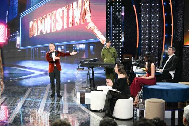 Sanremo, 76th Italian Song Festival - First episode after the Festival. Pictured: Nicola Savino, Giulia Salemi, Aurora Leone, Federico Basso  Copyright: xManuelexMangiarottix xipa-agency.netx xPoolxSanremox02x IPA_Agency_IPA71989152