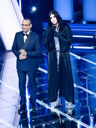 Sanremo, 76th Italian Song Festival. First Night. Pictured are Carlo Conti and Vincenzo de Lucia, who imitates Laura Pausini.  Copyright: xMaurizioxD Avanzox xipa-agency.netx xPoolxSanremox02x IPA_Agency_IPA71991340