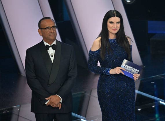 Photo IPP Felice De Martino Sanremo 24 02 2026 76th Italian Song Festival first night In the photo the host Carlo Conti with the singer Laura Pausini Italy Photo Press World Copyright
