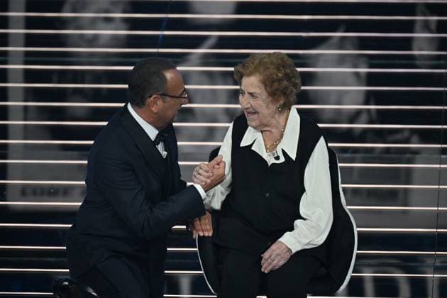 Photo IPP Felice De Martino Sanremo 24 02 2026 76th Italian Song Festival In the photo carlo conti with gianna Pratesi Italy Photo Press World Copyright