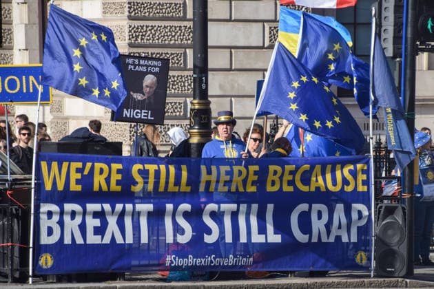 February 25, 2026, London, England, United Kingdom: Activist STEVE BRAY and other protesters stage their weekly pro-EU, anti-Brexit demonstration outside the parliament in Westminster. London United Kingdom - ZUMAv130 20260225_zip_v130_019 Copyright: xVukxValcicx