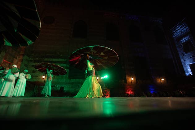 The traditional Ramadan custom Tennura dance in Egypt CAIRO, EGYPT - FEBRUARY 25: Tennura dance performances and Sufi music concerts are held daily throughout the holy month of Ramadan at Bayt al-Ghuri in Cairo on February 25, 2026. Wearing colorful skirts, embroidered vests, and white caps, Tennura performers spin around their axis while playing tambourines in rhythm with Sufi music, creating a vibrant and spiritual spectacle. Fareed Kotb Anadolu Cairo Egypt. Editorial use only. Please get in touch for any other usage.  Copyright: x2026xAnadoluxFareedxKotbx