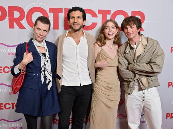 Cast members Milla Jovovich, Gabriel Sloyer, Isabel Myers and Shane Williams (L-R) attend the premiere of the motion picture mystery thriller Protector at the AMC The Grove in Los Angeles on Wednesday, February 25, 2026. Storyline: The action movie stars Milla Jovovich as a former war hero rescuing her kidnapped daughter from a trafficking ring.  LAP2026022516 JIMxRUYMEN