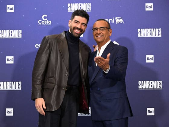 Sanremo, 76th Italian Song Festival. Gianluca Gazzoli s photocall. Pictured are Gianluca Gazzoli and Carlo Conti.  Copyright: xMaurizioxD Avanzox xipa-agency.netx xPoolxSanremox02x IPA_Agency_IPA72048326