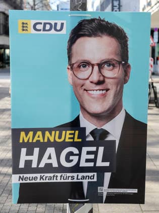Auf einem Wahlplakat ist der Spitzenkandidat der Christlich Demokratischen Union CDU Manuel Hagel abgebildet, Landtag und Wahlwerbung, Landtagswahl in Baden Wuerttemberg 2026, Innenstadt am 26. February 2026 in Stuttgart, Deutschland. (Foto von Marco Steinbrenner DeFodi Images) The leading candidate of the Christian Democratic Union (CDU), Manuel Hagel, is pictured on an election poster, Landtag und Wahlwerbung, Landtagswahl in Baden Wuerttemberg 2026, City centre, February 26, 2026 in Stuttgart, Germany. (Photo by Marco Steinbrenner DeFodi Images) *** The leading candidate of the Christian Democratic Union CDU Manuel Hagel is pictured on an election poster, Landtag und Wahlwerbung, Landtagswahl in Baden Wuerttemberg 2026, Innenstadt am 2