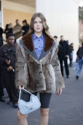 MFW - Prada Outside Guest at the Prada fashion show during the Milan Menswear Fall Winter 2026 2027 Fashion Week on February 26, 2026 in Milan, Italy. Photo by Marco Piovanotto ABACAPRESS.COM Milan Italy  Copyright: xPiovanottoxMarco ABACAx