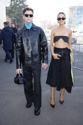 MFW - Prada Outside George Tabor-King, Evie Mercer at the Prada fashion show during the Milan Menswear Fall Winter 2026 2027 Fashion Week on February 26, 2026 in Milan, Italy. Photo by Marco Piovanotto ABACAPRESS.COM Milan Italy  Copyright: xPiovanottoxMarco ABACAx