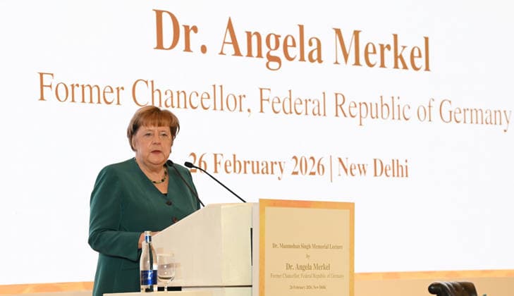 News Themen der Woche KW09 NEW DELHI, INDIA - FEBRUARY 26: Former German Chancellor Dr. Angela Merkel delivers the inaugural Dr. Manmohan Singh Memorial Lecture on February 26, 2026 in New Delhi, India. The lecture, titled Germany and India in Times of Global Change, was organized by the Dr. Manmohan Singh Trust to honor the legacy of the late former Prime Minister, who passed away in December 2024.(Photo by Sonu Mehta Hindustan Times) Former German Chancellor Angela Merkel Delivers The Inaugural Dr. Manmohan Singh Memorial Lecture In Delhi