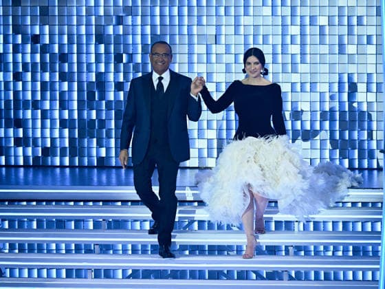 Sanremo, 76th Italian Song Festival. Third Night. Pictured: Laura Pausini and Carlo Conti.  Copyright: xMaurizioxD Avanzox xipa-agency.netx xPoolxSanremox02x IPA_Agency_IPA72064400