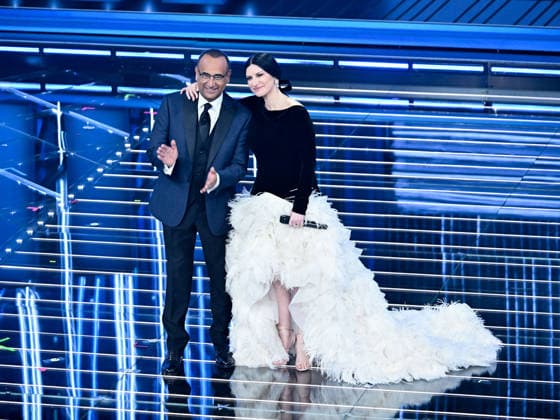 Sanremo, 76th Italian Song Festival. Third Night. Pictured: Laura Pausini and Carlo Conti.  Copyright: xMaurizioxD Avanzox xipa-agency.netx xPoolxSanremox02x IPA_Agency_IPA72064554