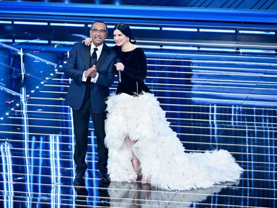 Sanremo, 76th Italian Song Festival. Third Night. Pictured: Laura Pausini and Carlo Conti.  Copyright: xMaurizioxD Avanzox xipa-agency.netx xPoolxSanremox02x IPA_Agency_IPA72064556